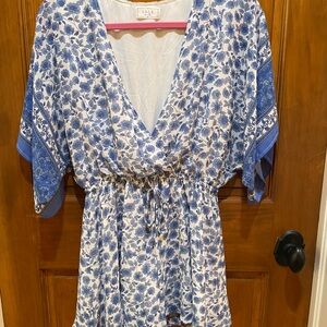 SAGE Blue Floral V-Neck Kimono Dress